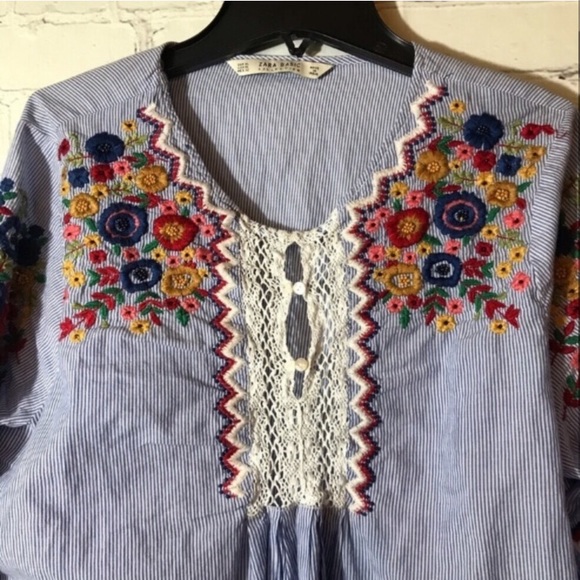 ZARA BLUE XL FLORAL EMBROIDERED LONG SLEEVE SHIRT - Picture 2 of 2